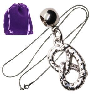 Silver Colored Pretzel Pendant Necklace with Gift Pouch, Playful Food Charms
